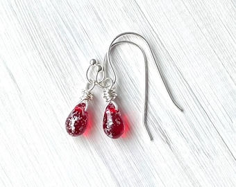 Red Glass Teardrop Dangle Earrings - Boho Wire Wrapped Glass Bead Earrings - Speckled Czech Glass - Artisan Handmade Jewelry - Bohemian