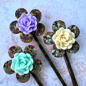 Colorful Retro Bobby Pins Set Botanical Resin Hair Clips Funky Bright Hair Accessories Gift for Her Vintage Style Hairpins Retro Hair Grip