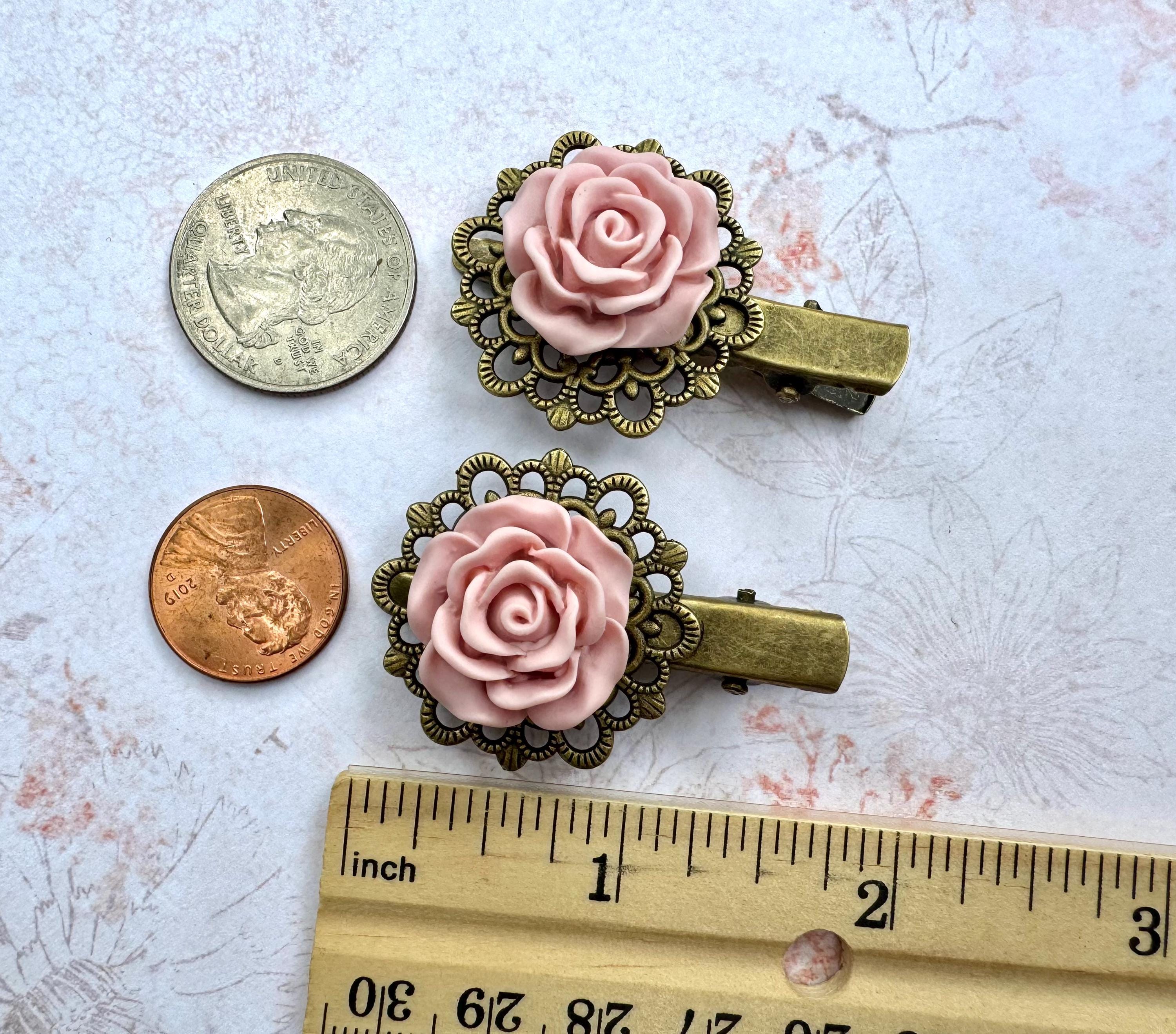 Pink Rose Hair Clips Vintage Style Bronze Filigree Floral  display picture 3