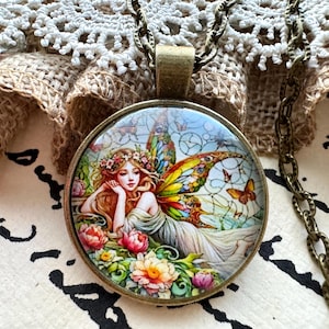 Fairy Pendant Necklace Bronze Dome Whimsical Vintage Style Jewelry Antiqued Charm Fantasy Boho Steampunk Layering Chain Woodland Fairy Gift