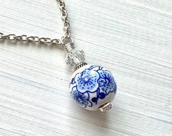 Porcelain Pendant Necklace: Blue and White Porcelain Pendant Cameo
