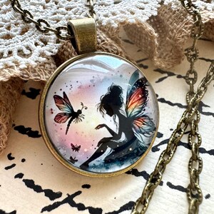 Vintage Style Pendant Fairy Bronze Dome Necklace Cabochon Jewelry Boho Fairy Necklace Antique Style Steampunk Layering Chain Fairy Gift