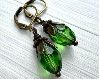 Green Glass Dangle Earrings - Victorian Style Antiqued Brass Dangles - Rustic Czech Glass Teardrop Earrings - Dark Academia Jewelry