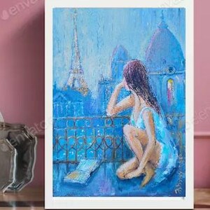 Woman Reading Original Art Paris Oil Painting Eiffel Tower Wall Artwork French Wall Decor 6x8 in