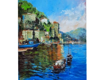 Italy Coast Painting Amalfi Original Art Seascape Wall Art Small Boat Artwork 8 x 10 by NatalyArtUa