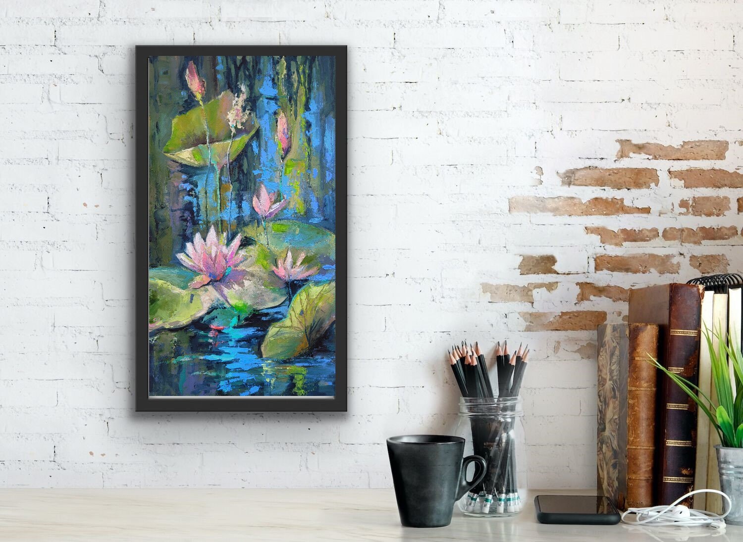 蓮の池の絵画：オリジナルの睡蓮の油絵、モネスタイル（8x12） - Etsy 日本