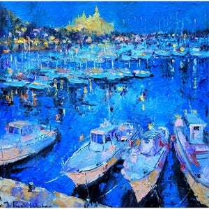 Coastline Italy Original Art Boats in Harbor Painting Landscape Wall Art Yachts Artwork Impasto