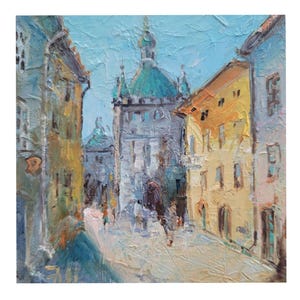 インパスト都市景観油絵：イタリアの街並み、6x6インチのオリジナル