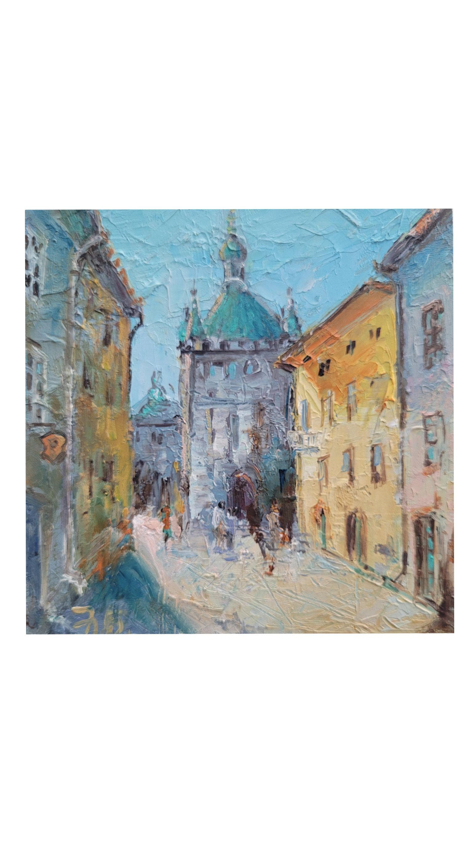 インパスト都市景観油絵：イタリアの街並み、6x6インチのオリジナル