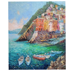Riomaggiore Oil Painting Cingue Terre Original Art Italy Landscape Wall Art Coastline Artwork 10x12 in