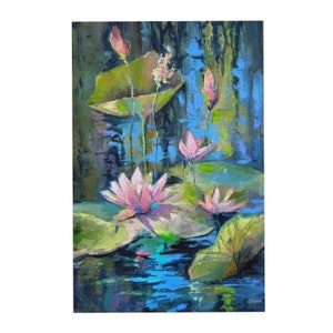 Lotus Painting Water Lily Original Art Monet Wall Art Small Flower Artwork  Pond Painting 8 x 12 by NatalyArtUa