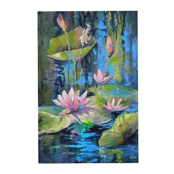 Lotus Gemälde Seerose Original Art Monet Wandkunst Kleine Blumen Kunstwerk Teich Gemälde 8 x 12 by NatalyArtUa