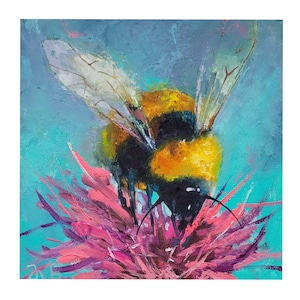 Bumblebee Painting Honey Bee Original Art Flower Wall Art Mini Artwork