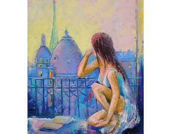Paris Painting Female Original Art Woman Reading  Artwork French Wall Art Mini 6 х 8 in