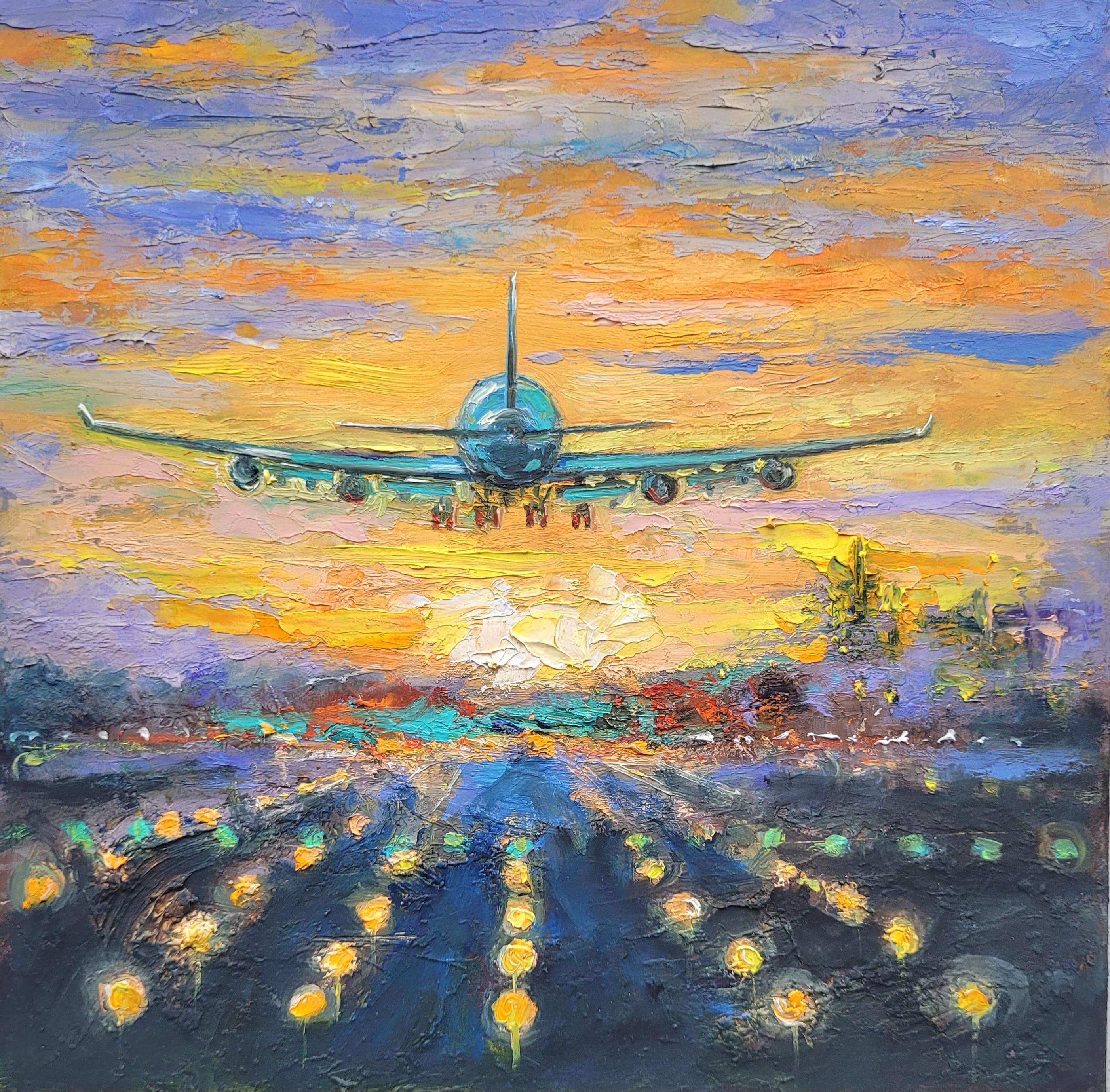 飛行機の油絵：夕焼けの空のアート、ボーイングアートワーク8 x 8