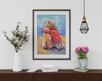 油絵 菅家令子 絵 絵画インテリア額付(黒)F6-070119祈り希望 子犬女子 子供と犬の絵画：オリジナルの具象芸術、6x8のミニ油絵 - Etsy 日本