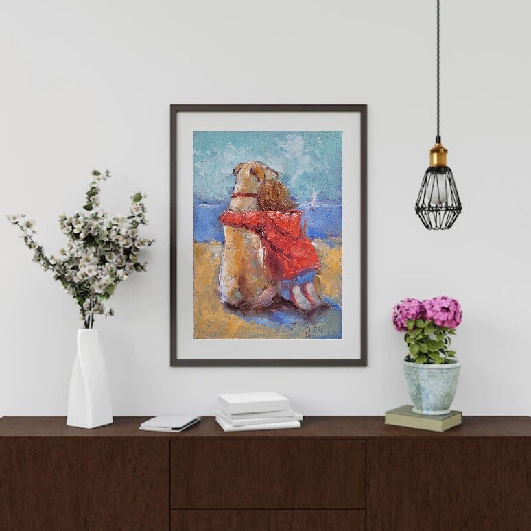子供と犬の絵画：オリジナル具象画、6x8インチのミニ油絵 - Etsy 日本