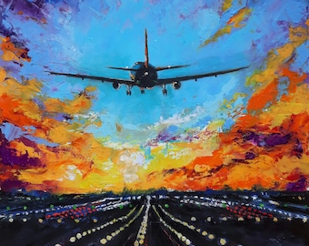 Dipinto a olio di aeroplano: tramonto sul cielo, opera d'arte Boeing 10 x 10 pollici