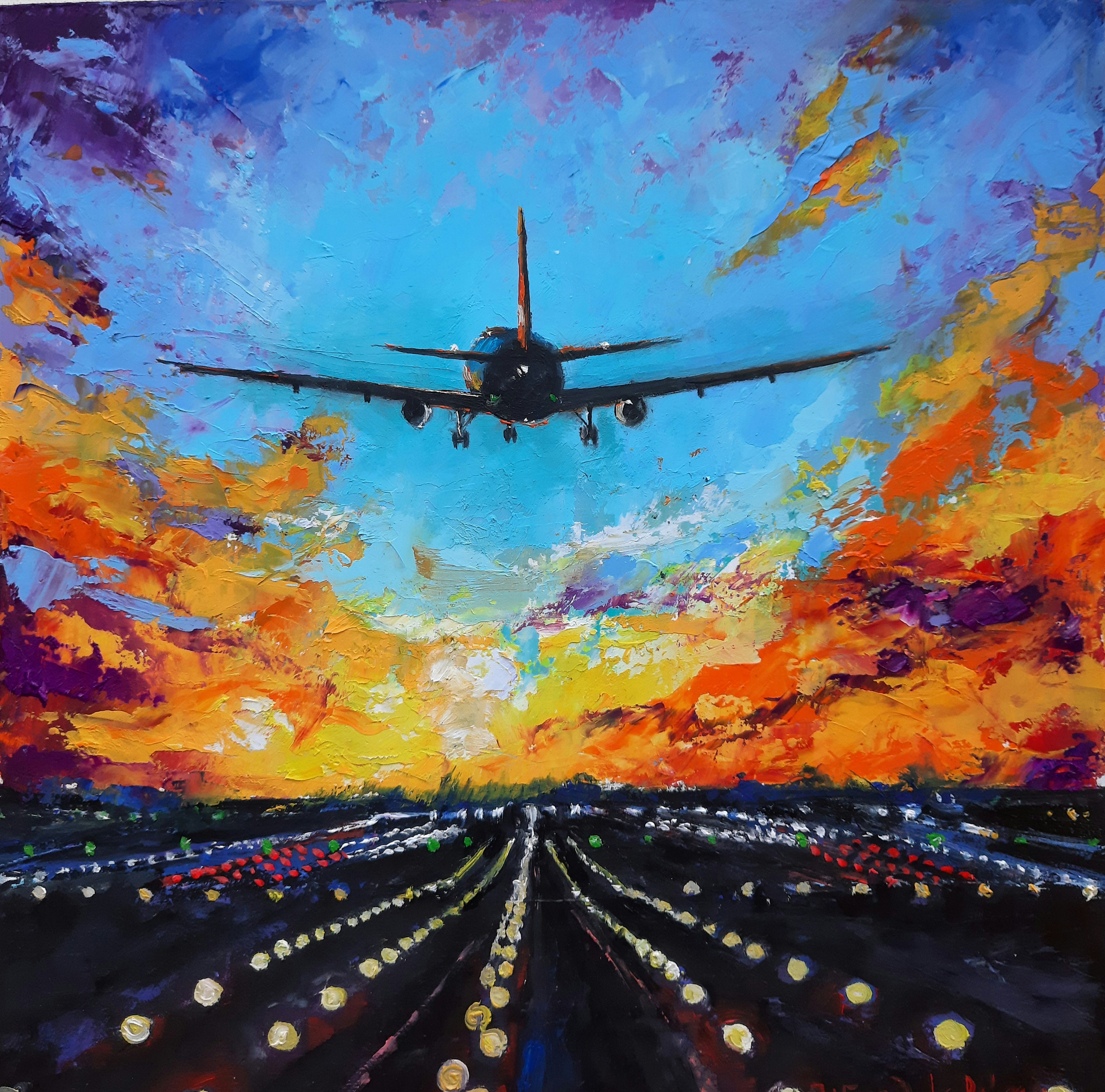 Airplane Oil Painting: Sunset Sky Art, Boeing Artwork 10x10 In