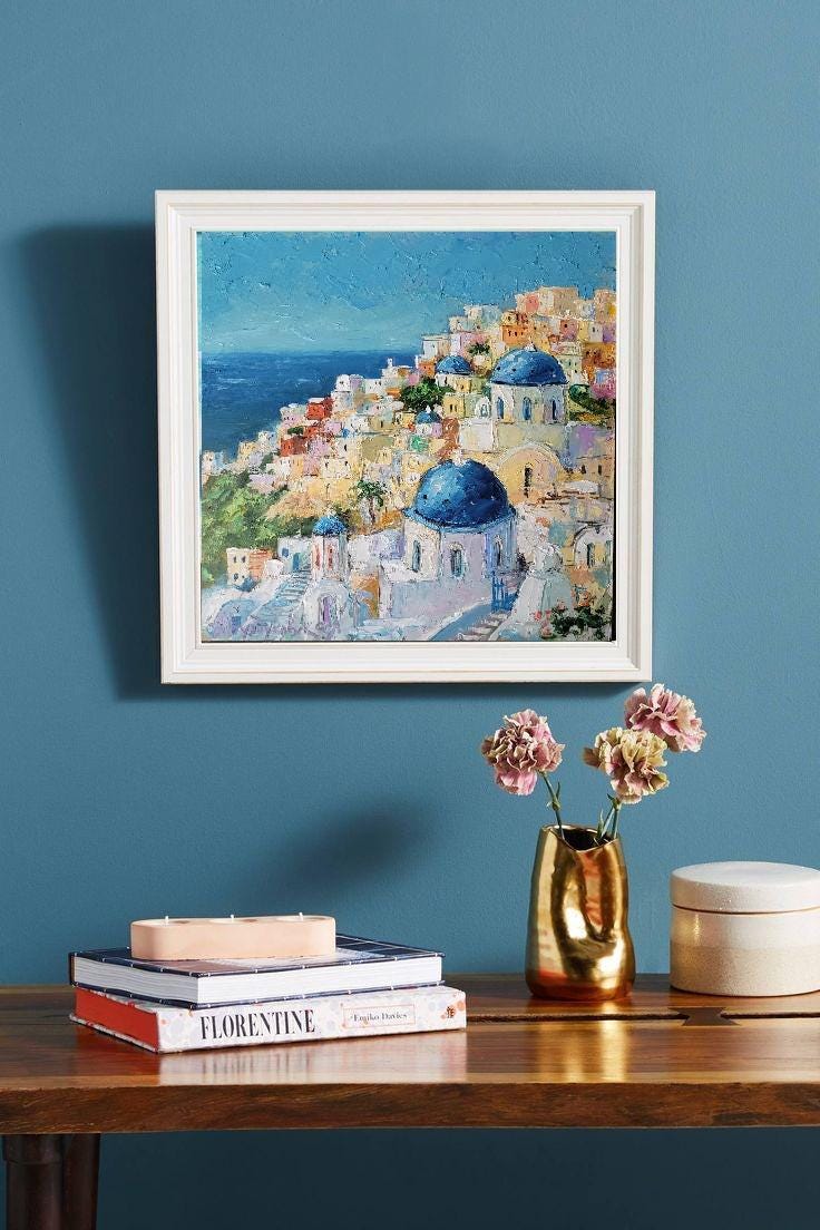 サントリーニ島の油絵 ギリシャ オリジナルアート 海景 壁アート ミニ