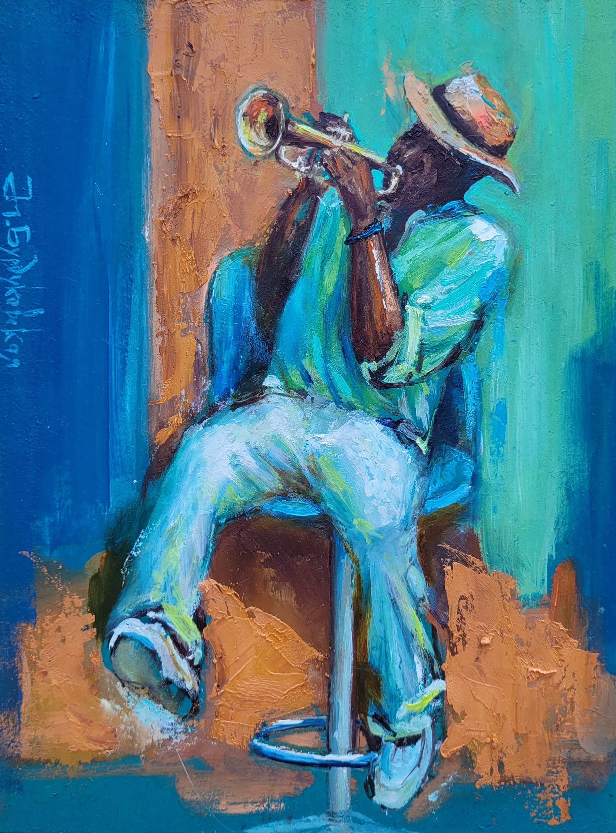 Jazz Musician Painting Trumpeter Original Art Music Wall Art Small