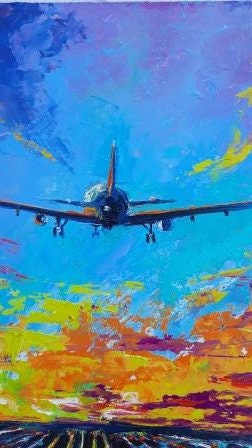 飛行機の油絵：夕焼けの空のアート、ボーイングのアートワーク 10 x 10
