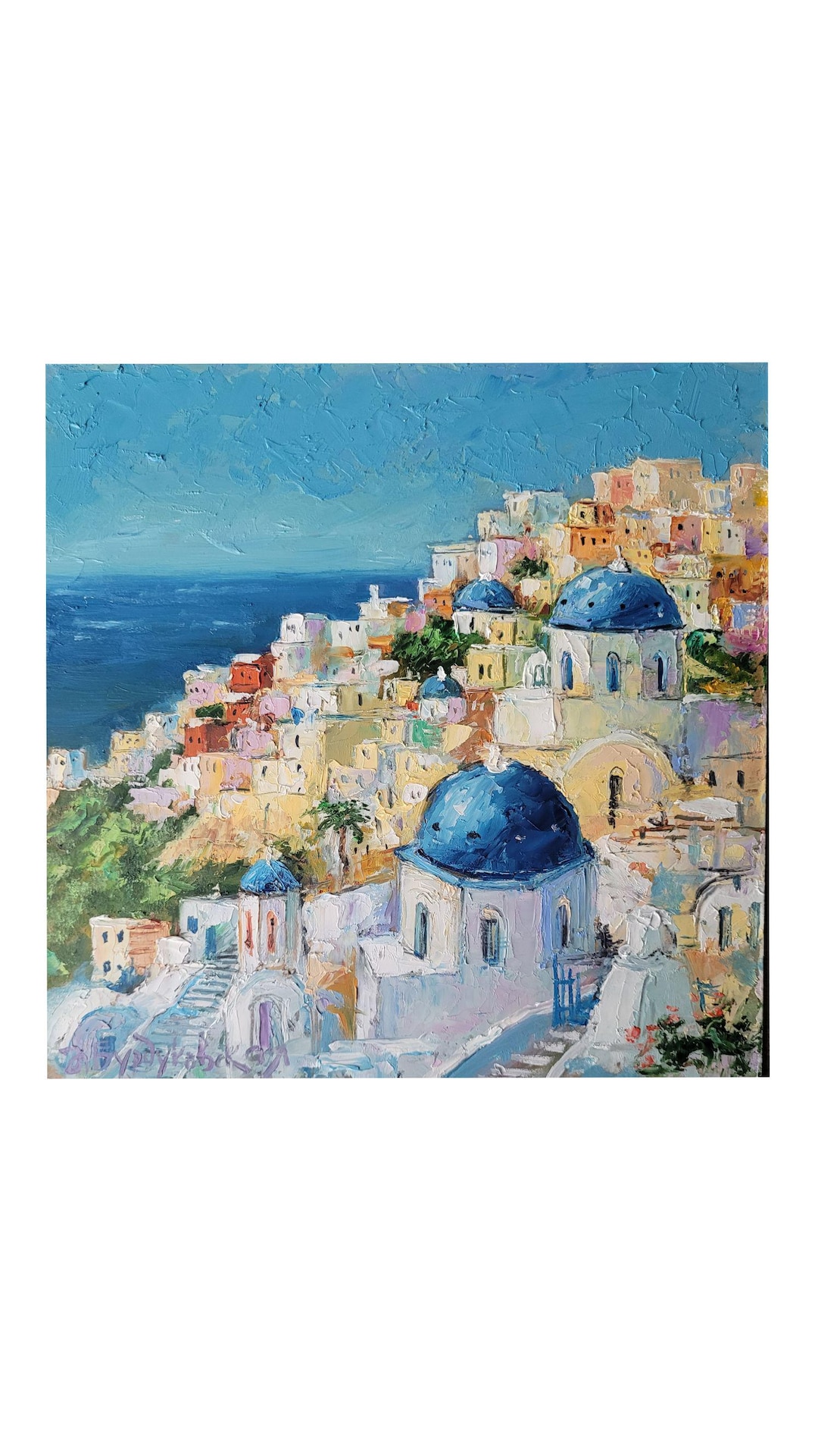 サントリーニ島の油絵 ギリシャ オリジナルアート 海景 壁アート ミニ