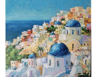 Santorini Oil Painting Greece Original Art Seascape Wall Art Mini Coastline Artwork
