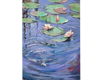 睡蓮の油絵：モネの池のアート、花の壁飾り（8x12）NatalyArtUa作