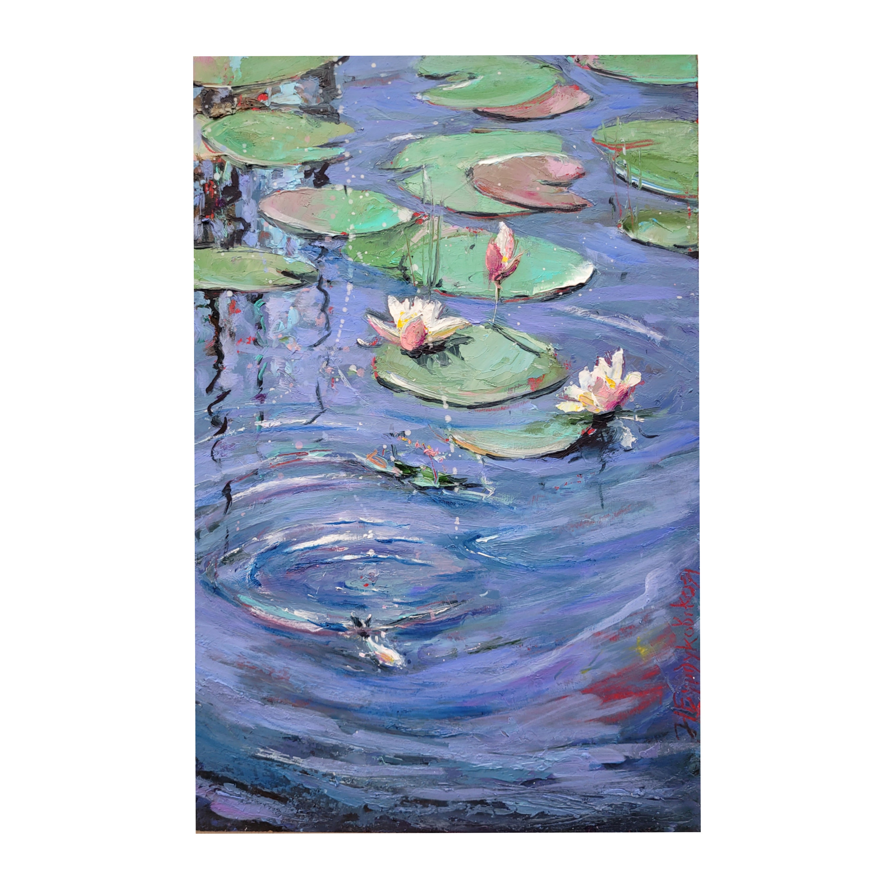 睡蓮と花のリースの絵画 睡蓮と花のリースの絵画 誕生花 7月のスイレン）積める絵画 花