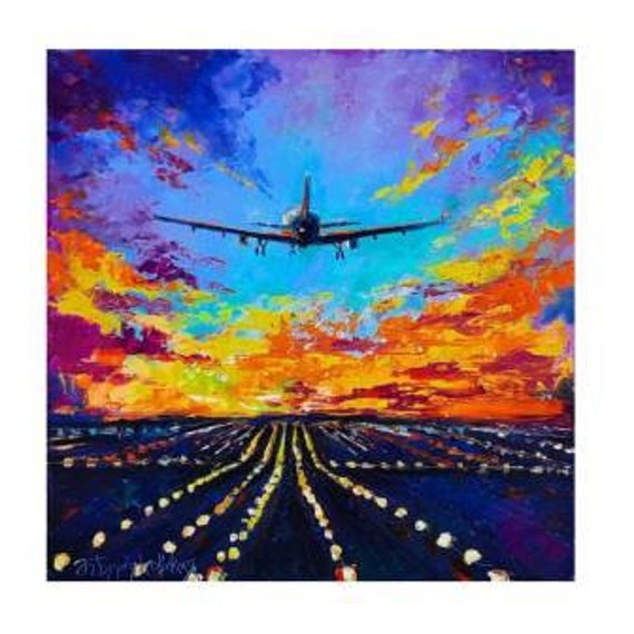 飛行機の絵画 夕焼け オリジナルアート ボーイング スカイ