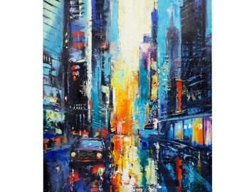 New York Oil Painting Night Cityscape Original Art Canvas City Artwork Architecture Wall Art Street Painting 16 x 20 by NatalyArtUa