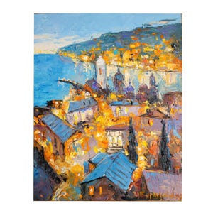 Coasline Italy Painting Cityscape Original Art Landscape Wall Art Small Sunset Artwork 8x10 in