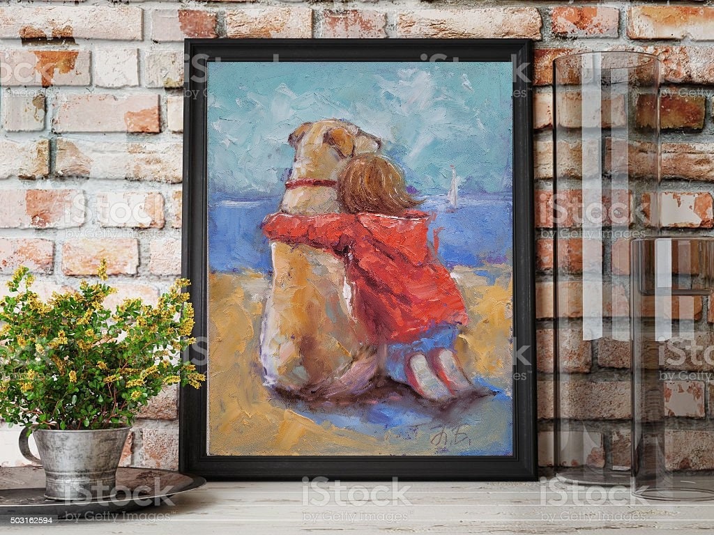 子供と犬の絵画：オリジナルの具象芸術、6x8のミニ油絵 - Etsy 日本