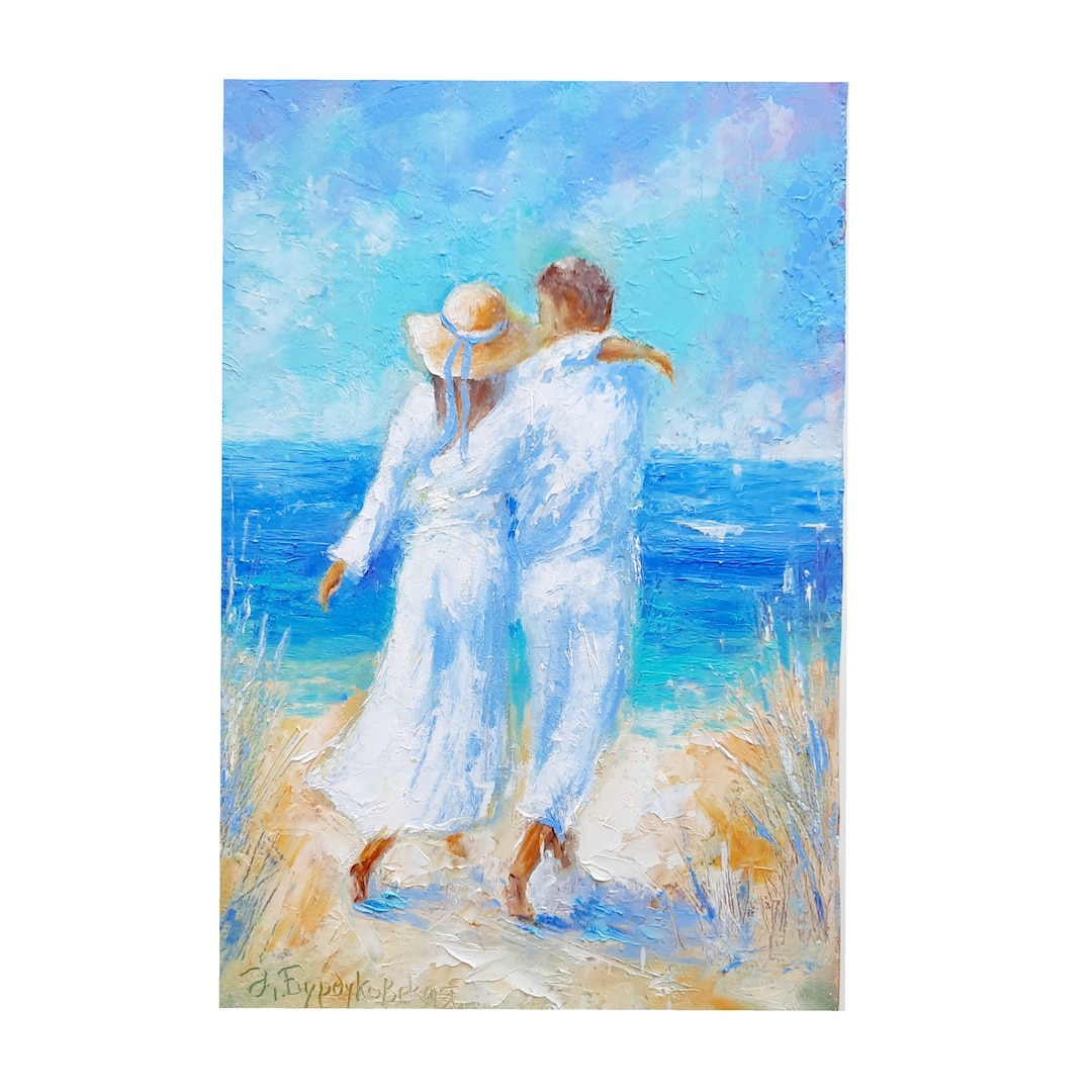 カップルの油絵 恋人たちのオリジナルアート 海景壁アート 海岸アート