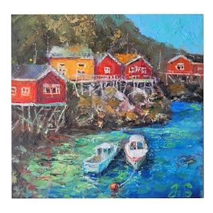 Lofoten Islands Painting Norway Wall Art Norwegian Houses Fine Art Mountain Decor