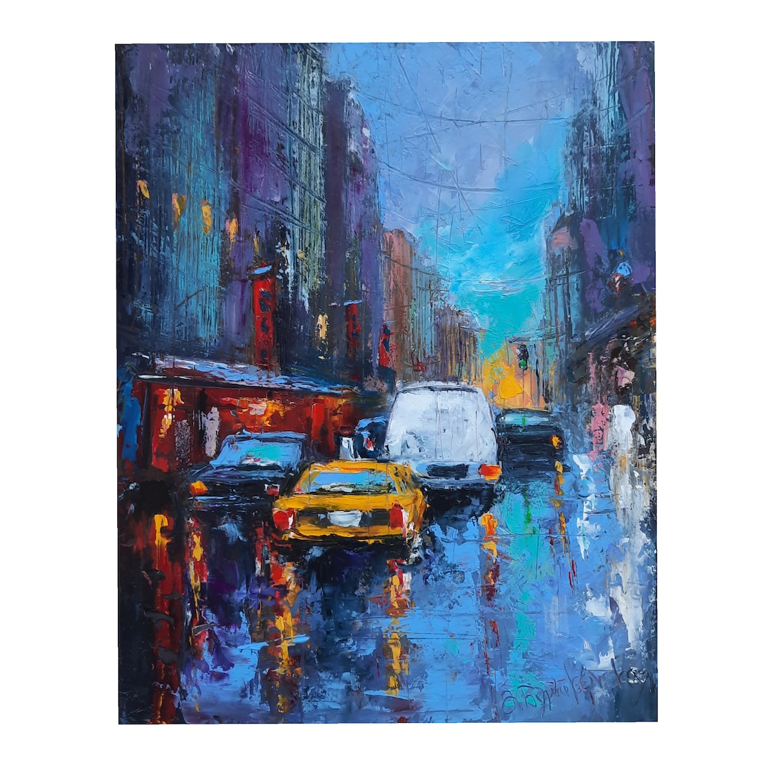 ニューヨーク 油絵 雨の街 オリジナルアート 都市景観 アート