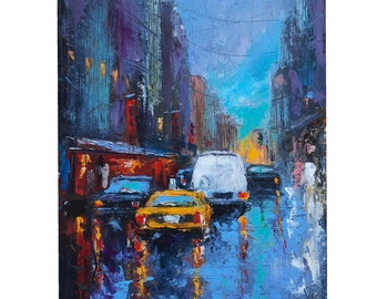 New York Painting Rainy City Original Art Cityscape Artwork Small City Impasto Architecture Wall Art 8 x 10 By NatalyArtUa