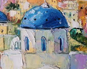 サントリーニ島の油絵 ギリシャ オリジナルアート 海景 壁アート ミニ