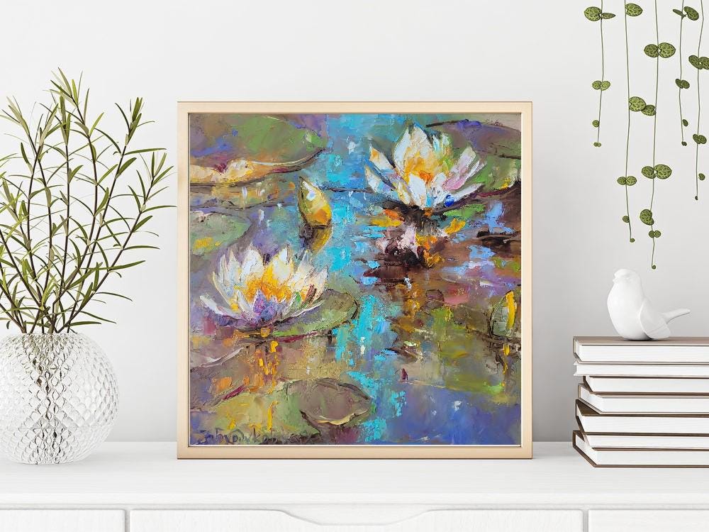 睡蓮の油絵：モネ風池の絵画、8x8インチのオリジナル作品 - Etsy 日本