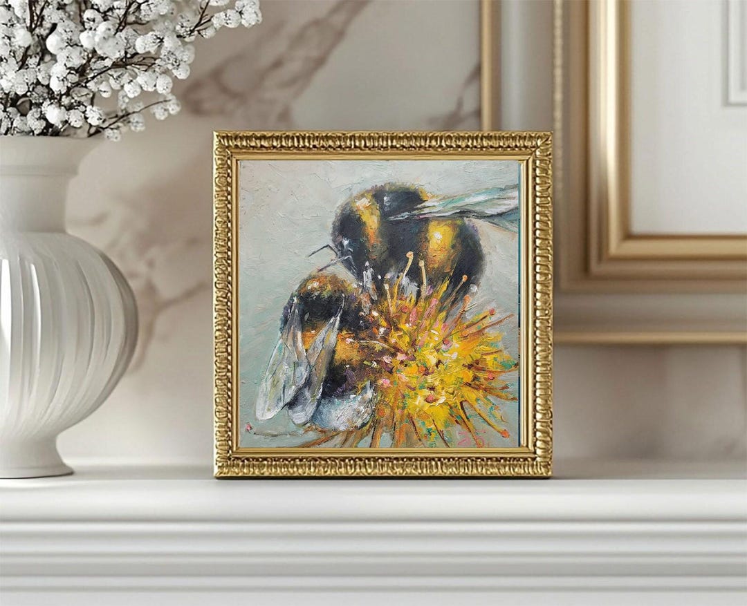 Bumblebee Oil Painting Honey Bee Original Wall Art Mini Animal Artwork ...
