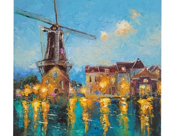オランダの芸術 オランダ 風車 ACEO 絵画 チューリップ畑 オリジナル