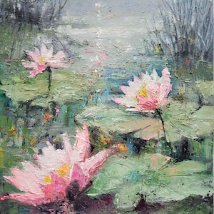 Water Lily Painting Lotus Original Art Monet Wall Art Small Flower Artwork  Pond Painting