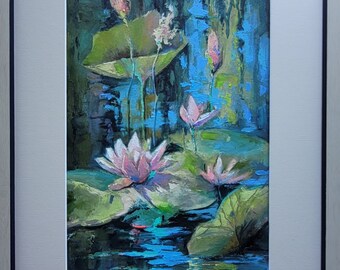 蓮の池の絵画：オリジナルの睡蓮の油絵、モネスタイル（8x12） - Etsy 日本