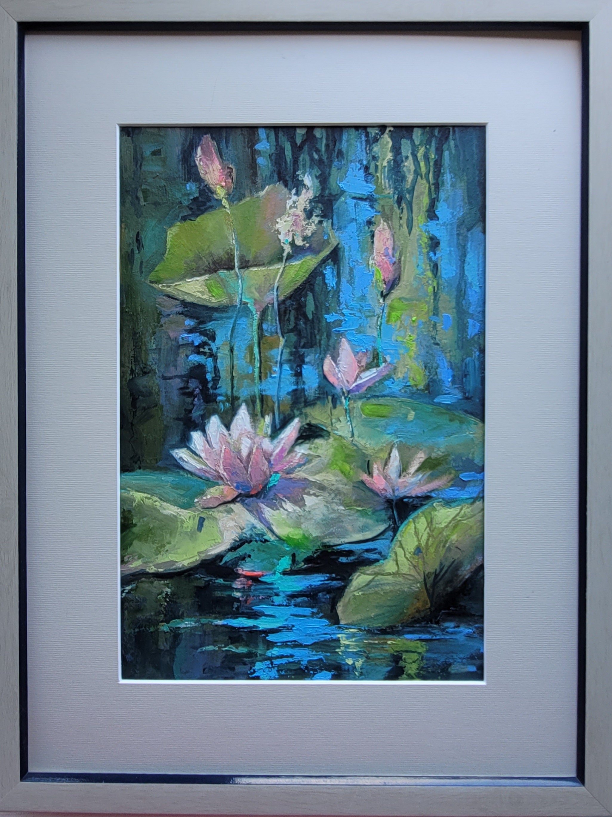 蓮の池の絵画：オリジナルの睡蓮の油絵、モネスタイル（8x12） - Etsy 日本