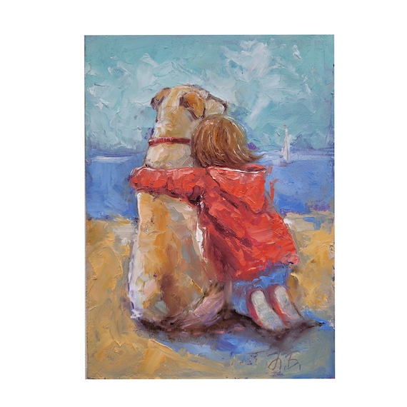 子供と犬の絵画：オリジナル具象画、6x8インチのミニ油絵 - Etsy 日本