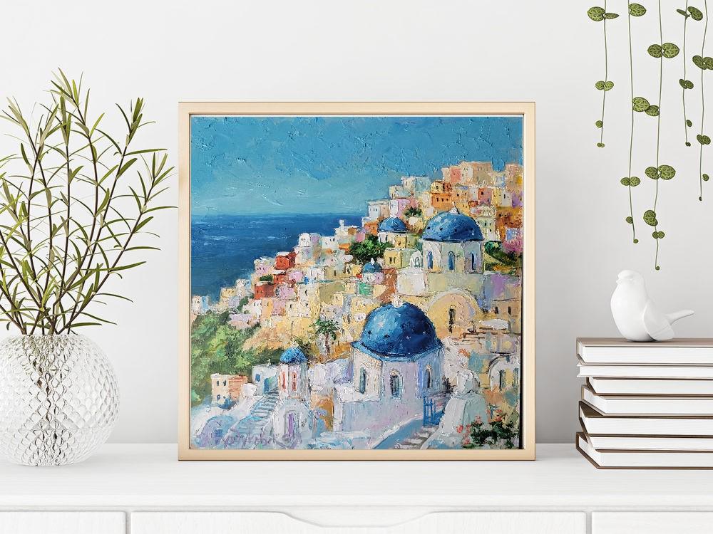 サントリーニ島の油絵 ギリシャ オリジナルアート 海景 壁アート ミニ