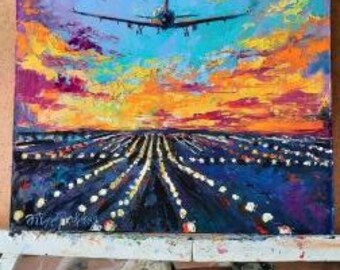 飛行機の油絵：夕焼けの空のアート、ボーイングのアートワーク 10 x 10