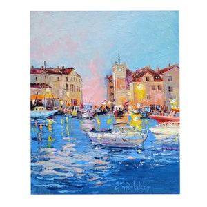 Italy Painting Boats Original Art Coast Wall Art Small Seascape Artwork Nautical Painting by NatalyArtUa