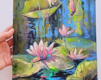 蓮の池の絵画：オリジナルの睡蓮の油絵、モネスタイル（8x12） - Etsy 日本